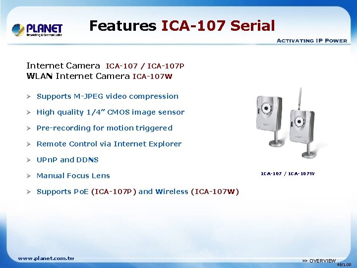 Features ICA-107 Serial Internet Camera ICA-107 / ICA-107 P WLAN Internet Camera ICA-107 W