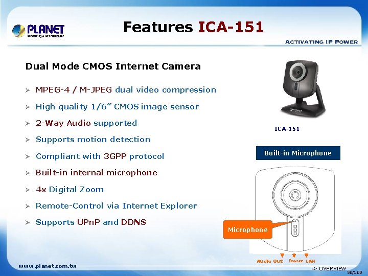 Features ICA-151 Dual Mode CMOS Internet Camera Ø MPEG-4 / M-JPEG dual video compression