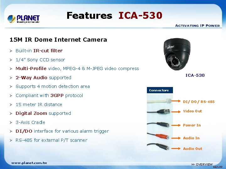 Features ICA-530 15 M IR Dome Internet Camera Ø Built-in IR-cut filter Ø 1/4”