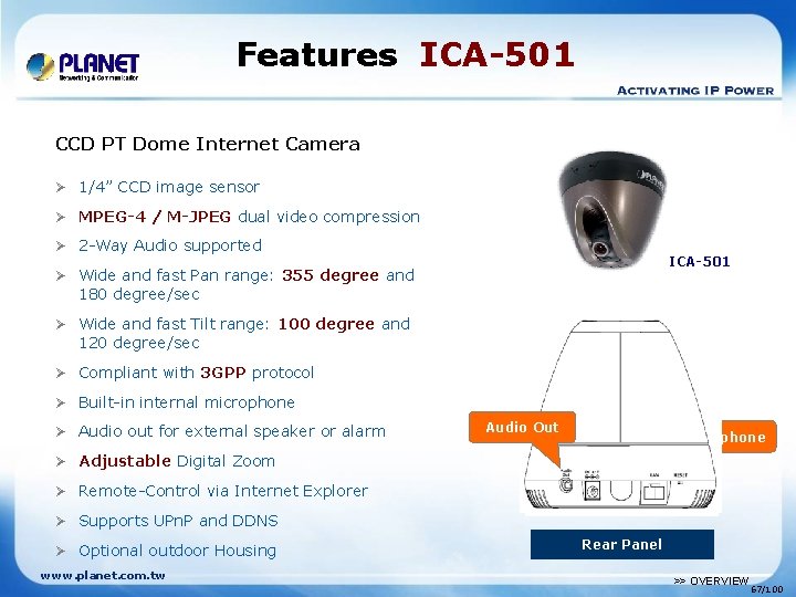 Features ICA-501 CCD PT Dome Internet Camera Ø 1/4” CCD image sensor Ø MPEG-4