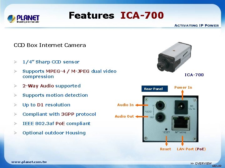 Features ICA-700 CCD Box Internet Camera Ø 1/4” Sharp CCD sensor Ø Supports MPEG-4