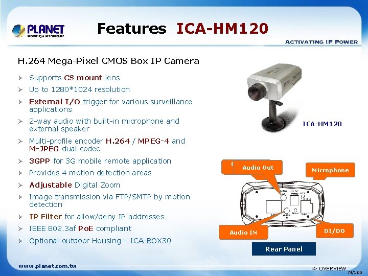 Features ICA-HM 120 H. 264 Mega-Pixel CMOS Box IP Camera Ø Supports CS mount