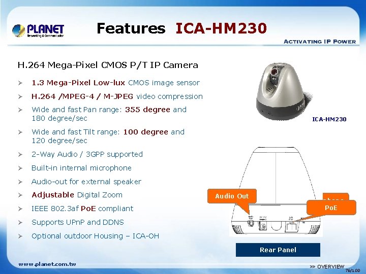 Features ICA-HM 230 H. 264 Mega-Pixel CMOS P/T IP Camera Ø 1. 3 Mega-Pixel