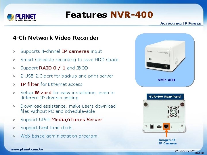 Features NVR-400 4 -Ch Network Video Recorder Ø Supports 4 -chnnel IP cameras input