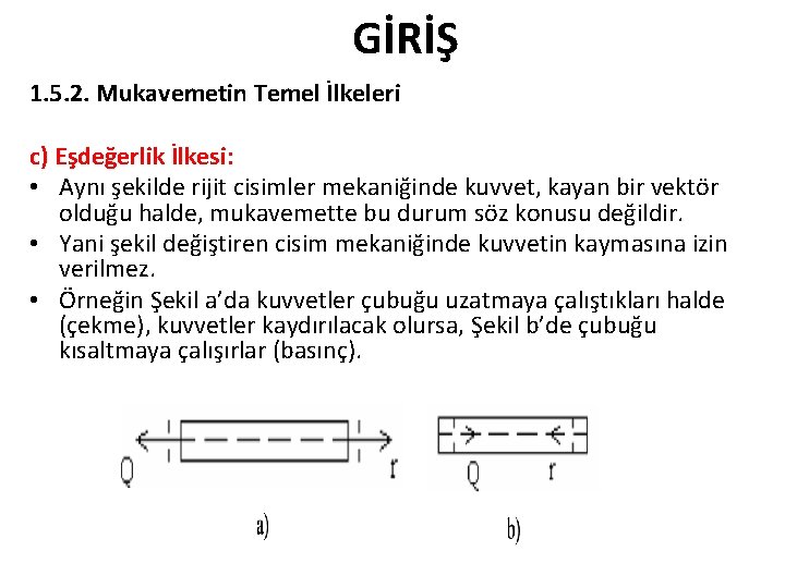GİRİŞ 1. 5. 2. Mukavemetin Temel İlkeleri c) Eşdeğerlik İlkesi: • Aynı şekilde rijit GİRİŞ 1. 5. 2. Mukavemetin Temel İlkeleri c) Eşdeğerlik İlkesi: • Aynı şekilde rijit