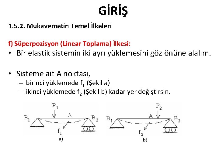 GİRİŞ 1. 5. 2. Mukavemetin Temel İlkeleri f) Süperpozisyon (Linear Toplama) İlkesi: • Bir GİRİŞ 1. 5. 2. Mukavemetin Temel İlkeleri f) Süperpozisyon (Linear Toplama) İlkesi: • Bir