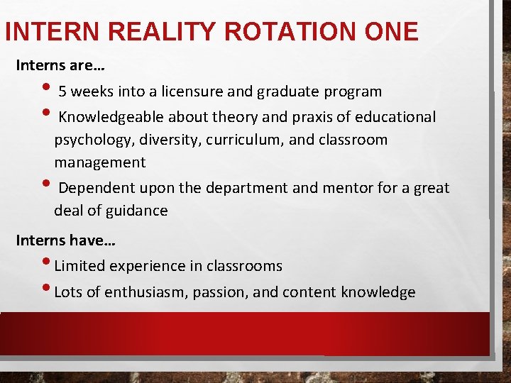 INTERN REALITY ROTATION ONE Interns are… • 5 weeks into a licensure and graduate INTERN REALITY ROTATION ONE Interns are… • 5 weeks into a licensure and graduate