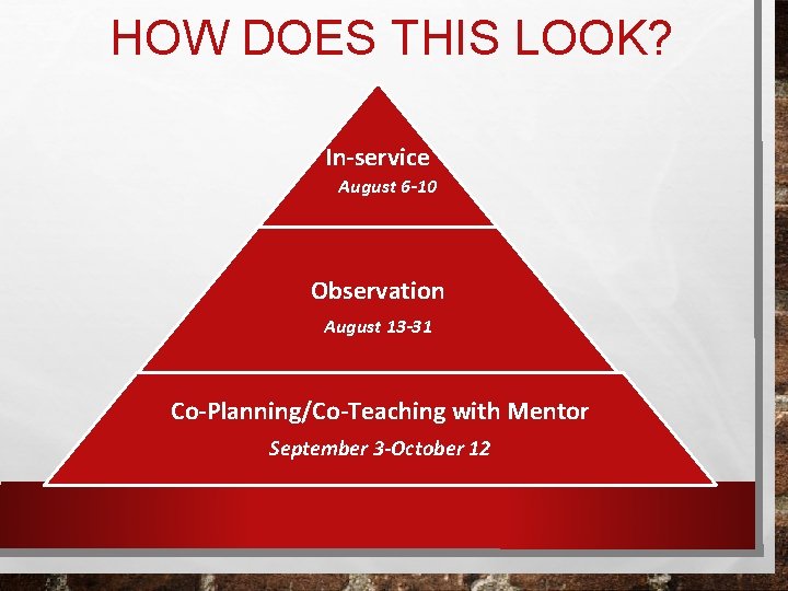 HOW DOES THIS LOOK? In-service August 6 -10 Observation August 13 -31 Co-Planning/Co-Teaching with