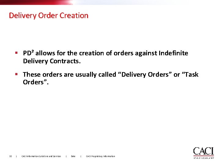 Delivery Order Creation § PD² allows for the creation of orders against Indefinite Delivery