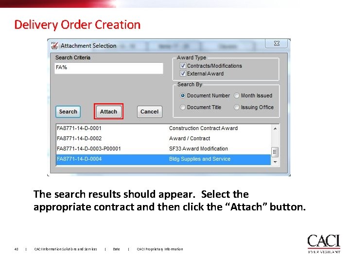 Delivery Order Creation The search results should appear. Select the appropriate contract and then