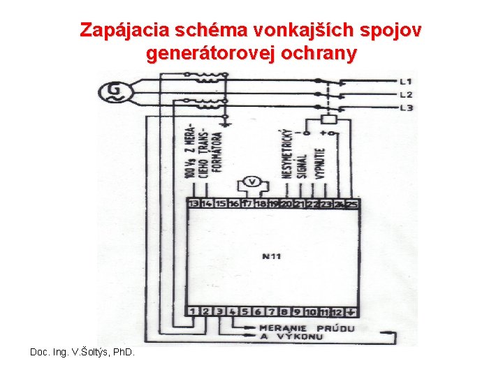 Zapájacia schéma vonkajších spojov generátorovej ochrany Doc. Ing. V. Šoltýs, Ph. D. 