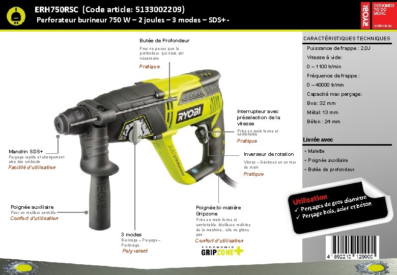 ERH 750 RSC (Code article: 5133002209) Perforateur burineur 750 W – 2 joules –