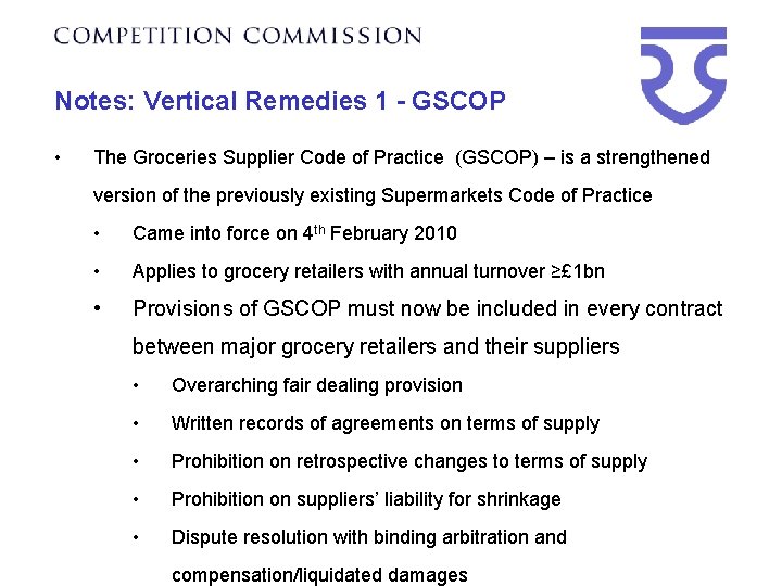 Notes: Vertical Remedies 1 - GSCOP • The Groceries Supplier Code of Practice (GSCOP)
