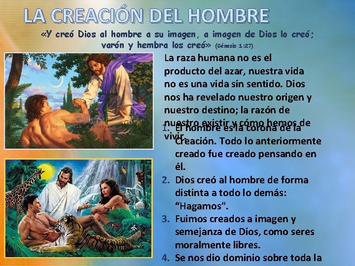 LA CREACIÓN DEL HOMBRE «Y creó Dios al hombre a su imagen, a imagen