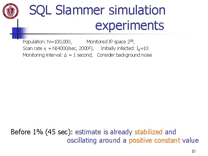 SQL Slammer simulation experiments Population: N=100, 000, Monitored IP space 220, Scan rate h SQL Slammer simulation experiments Population: N=100, 000, Monitored IP space 220, Scan rate h