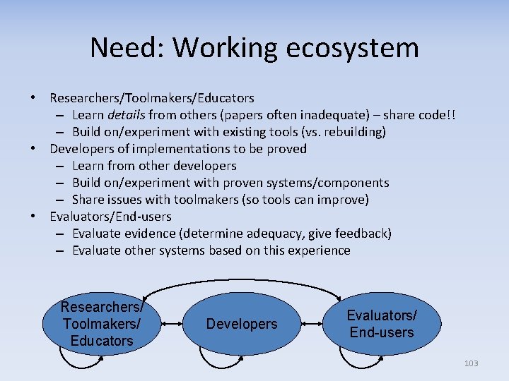 Need: Working ecosystem • Researchers/Toolmakers/Educators – Learn details from others (papers often inadequate) –