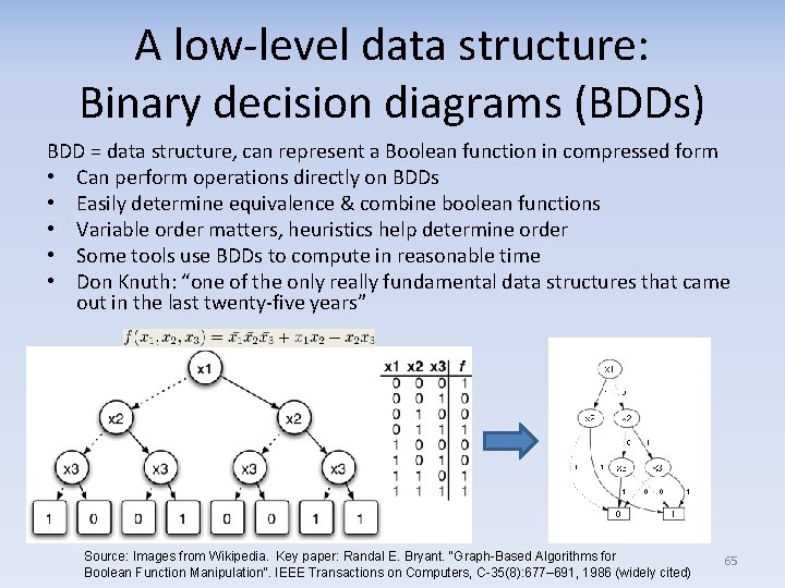 A low-level data structure: Binary decision diagrams (BDDs) BDD = data structure, can represent