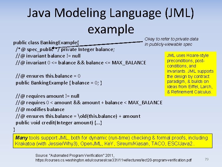 Java Modeling Language (JML) example Okay to refer to private data public class Banking.