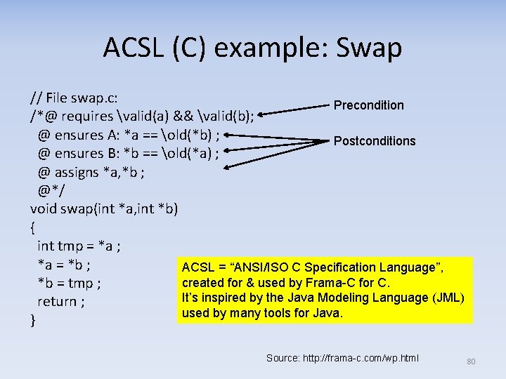 ACSL (C) example: Swap // File swap. c: Precondition /*@ requires valid(a) && valid(b);