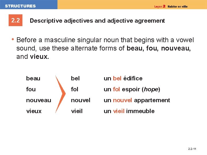 2. 2 Descriptive adjectives and adjective agreement • Before a masculine singular noun that