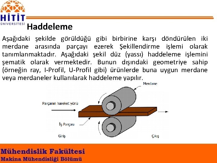  Haddeleme Aşağıdaki şekilde görüldüğü gibi birbirine karşı döndürülen iki merdane arasında parçayı ezerek