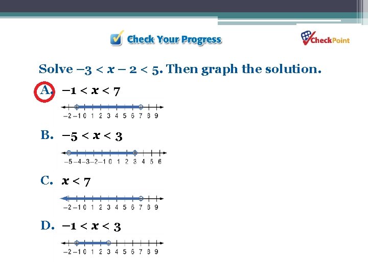 Solve – 3 < x – 2 < 5. Then graph the solution. A.