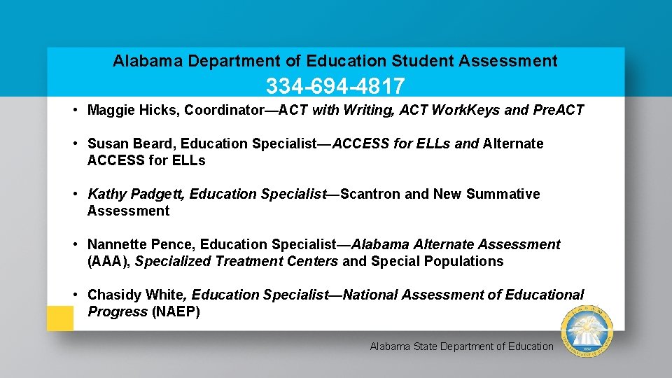 Alabama Department of Education Student Assessment 334 -694 -4817 • Maggie Hicks, Coordinator—ACT with