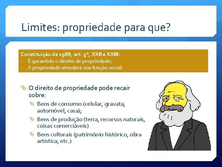 Limites: propriedade para que? Constituição de 1988, art. 5º, XXII e XXIII: - É