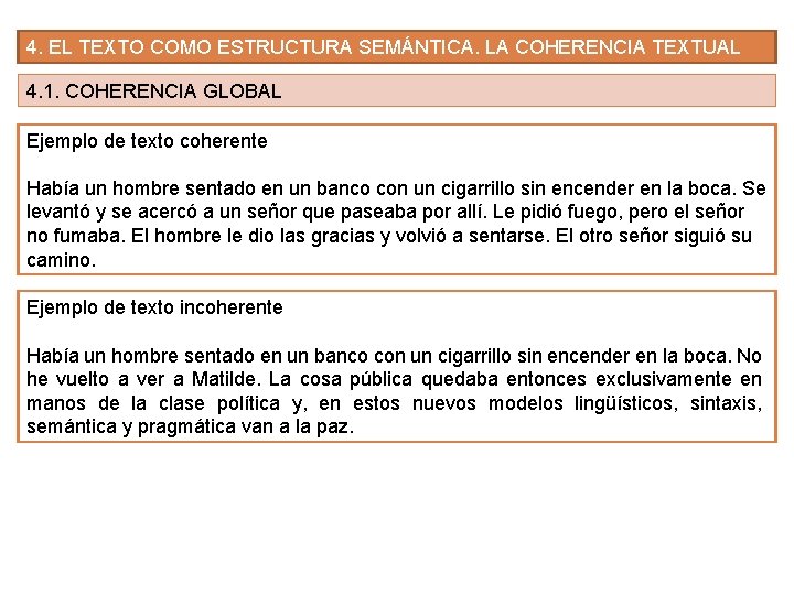 4. EL TEXTO COMO ESTRUCTURA SEMÁNTICA. LA COHERENCIA TEXTUAL 4. 1. COHERENCIA GLOBAL Ejemplo 4. EL TEXTO COMO ESTRUCTURA SEMÁNTICA. LA COHERENCIA TEXTUAL 4. 1. COHERENCIA GLOBAL Ejemplo