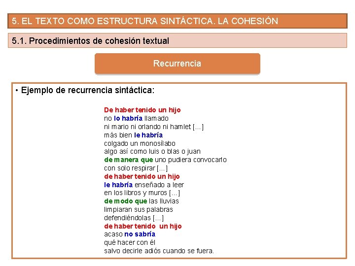 5. EL TEXTO COMO ESTRUCTURA SINTÁCTICA. LA COHESIÓN 5. 1. Procedimientos de cohesión textual 5. EL TEXTO COMO ESTRUCTURA SINTÁCTICA. LA COHESIÓN 5. 1. Procedimientos de cohesión textual