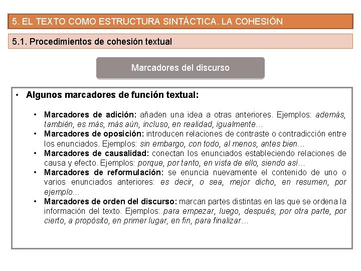5. EL TEXTO COMO ESTRUCTURA SINTÁCTICA. LA COHESIÓN 5. 1. Procedimientos de cohesión textual 5. EL TEXTO COMO ESTRUCTURA SINTÁCTICA. LA COHESIÓN 5. 1. Procedimientos de cohesión textual