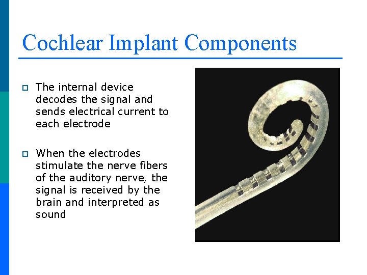 Cochlear Implant Components p The internal device decodes the signal and sends electrical current