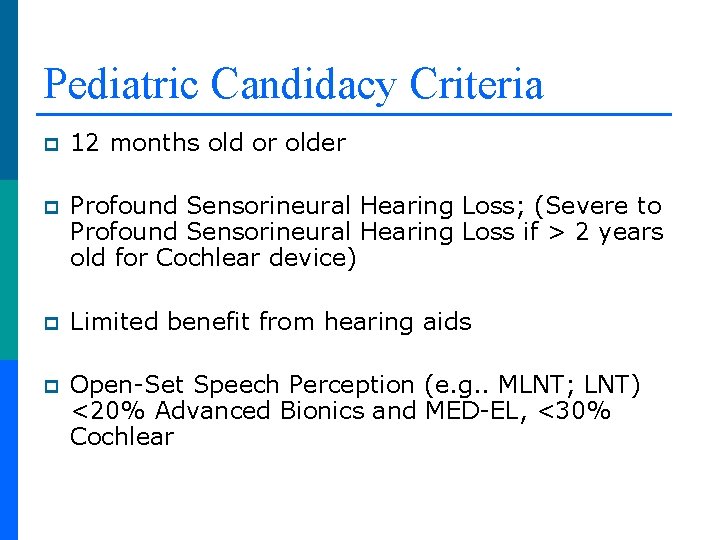Pediatric Candidacy Criteria p 12 months old or older p Profound Sensorineural Hearing Loss;