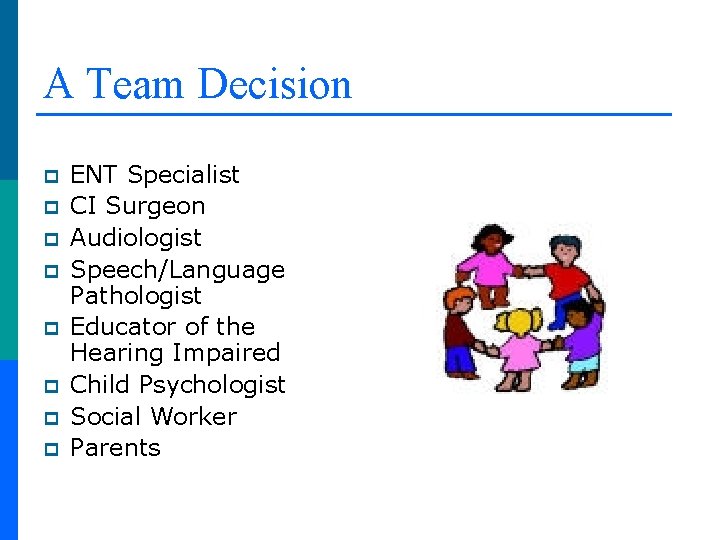 A Team Decision p p p p ENT Specialist CI Surgeon Audiologist Speech/Language Pathologist