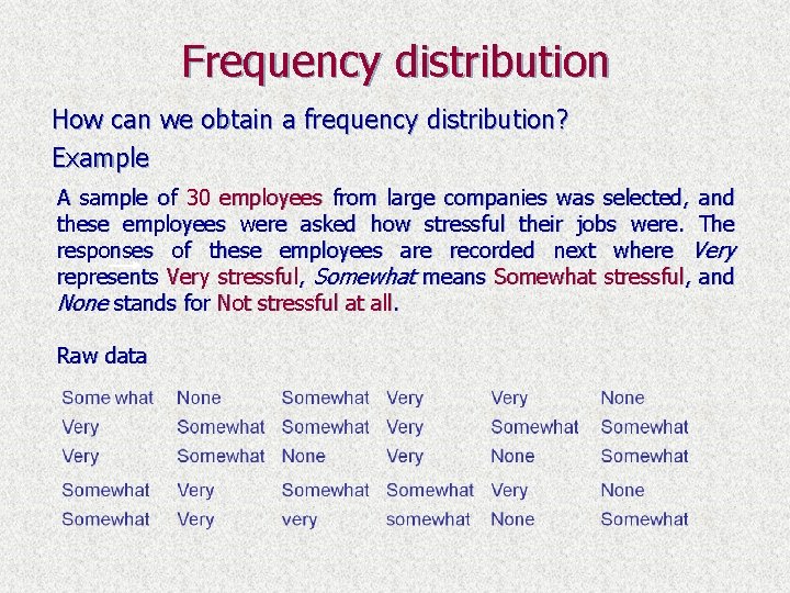 Frequency distribution How can we obtain a frequency distribution? Example A sample of 30