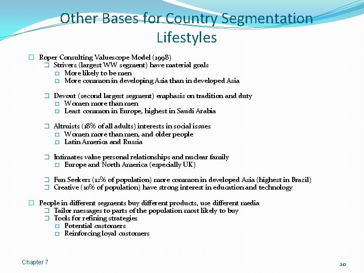 Other Bases for Country Segmentation Lifestyles � Roper Consulting Valuescope Model (1998) � Strivers