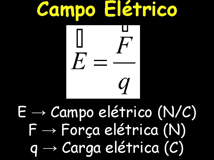 Campo Elétrico E → Campo elétrico (N/C) F → Força elétrica (N) q →