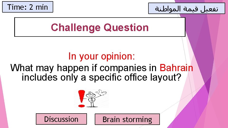 Time: 2 min ﺗﻔﻌﻴﻞ ﻗﻴﻤﺔ ﺍﻟﻤﻮﺍﻃﻨﺔ Challenge Question In your opinion: What may happen