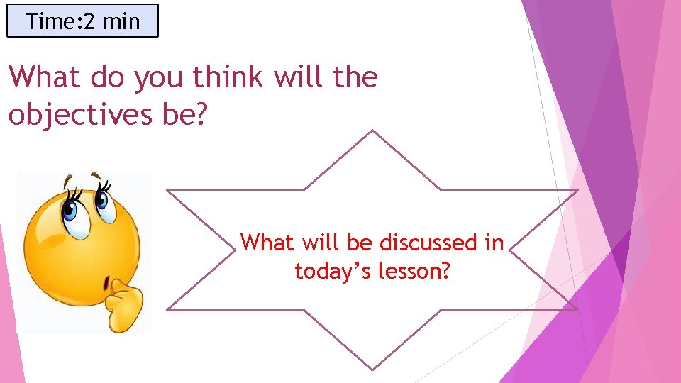 Time: 2 min What do you think will the objectives be? What will be