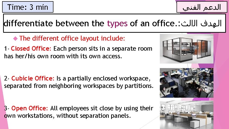 Time: 3 min ﺍﻟﺪﻋﻢ ﺍﻟﻔﻨﻲ differentiate between the types of an office. : ﺍﻟﻬﺪﻑ