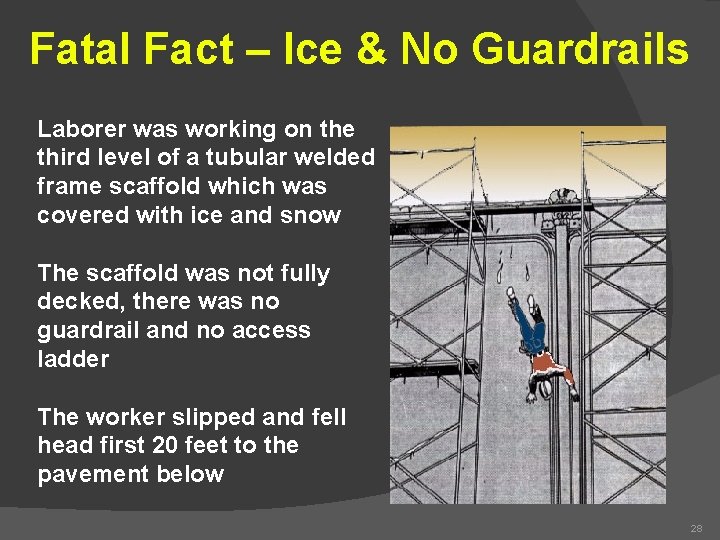 Fatal Fact – Ice & No Guardrails Laborer was working on the third level