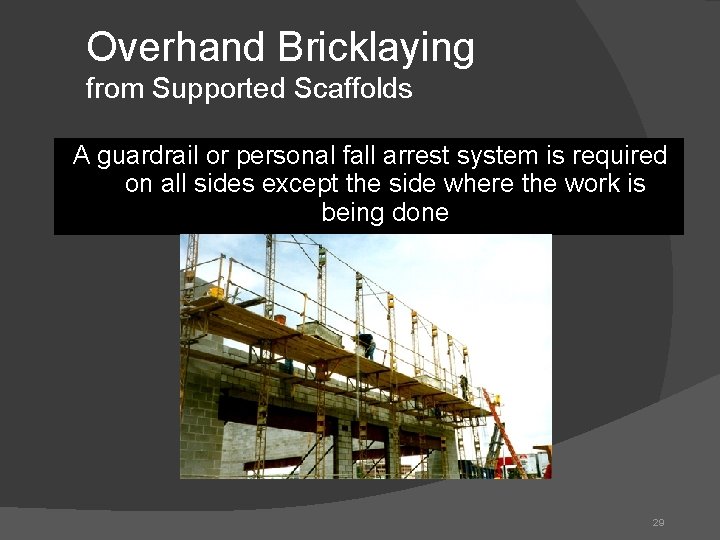 Overhand Bricklaying from Supported Scaffolds A guardrail or personal fall arrest system is required