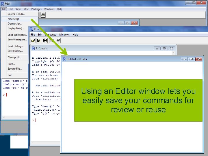Using an Editor window lets you easily save your commands for review or reuse