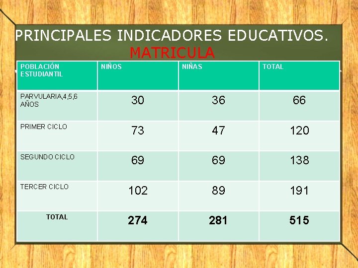 PRINCIPALES INDICADORES EDUCATIVOS. MATRICULA POBLACIÓN ESTUDIANTIL NIÑOS NIÑAS TOTAL PARVULARIA, 4, 5, 6 AÑOS