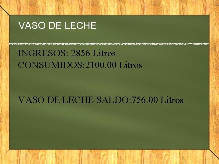 VASO DE LECHE INGRESOS: 2856 Litros CONSUMIDOS: 2100. 00 Litros VASO DE LECHE SALDO: