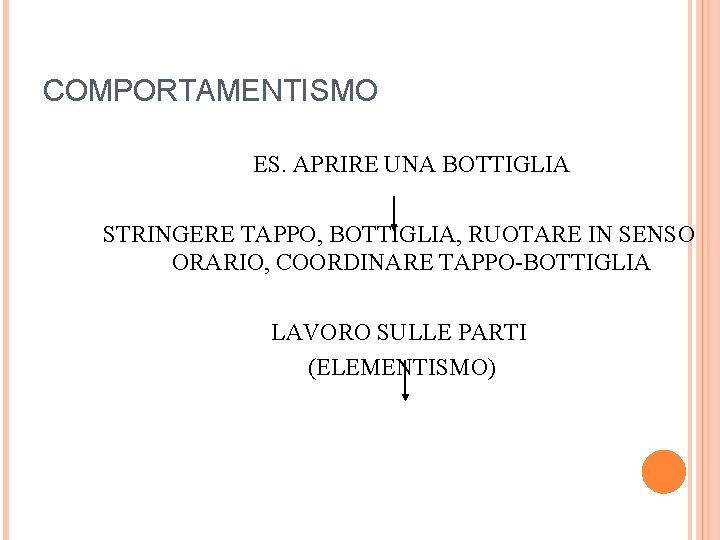 COMPORTAMENTISMO ES. APRIRE UNA BOTTIGLIA STRINGERE TAPPO, BOTTIGLIA, RUOTARE IN SENSO ORARIO, COORDINARE TAPPO-BOTTIGLIA COMPORTAMENTISMO ES. APRIRE UNA BOTTIGLIA STRINGERE TAPPO, BOTTIGLIA, RUOTARE IN SENSO ORARIO, COORDINARE TAPPO-BOTTIGLIA