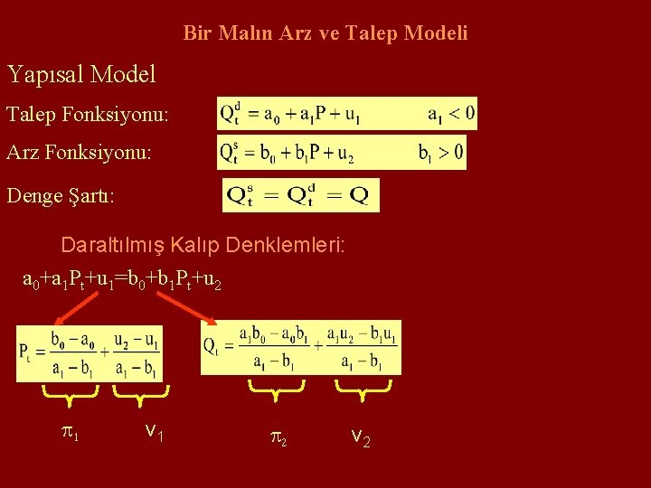 Bir Malın Arz ve Talep Modeli Yapısal Model Talep Fonksiyonu: Arz Fonksiyonu: Denge Şartı: