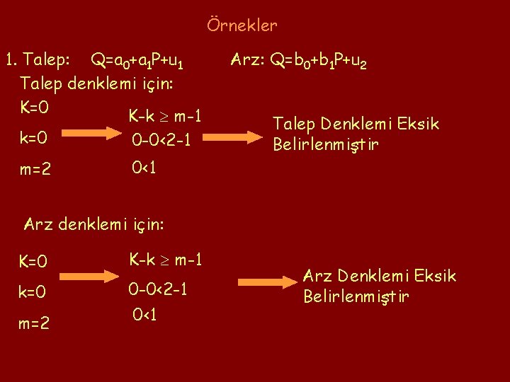 Örnekler 1. Talep: Q=a 0+a 1 P+u 1 Talep denklemi için: K=0 K-k m-1