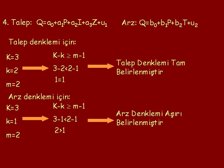 4. Talep: Q=a 0+a 1 P+a 2 I+a 3 Z+u 1 Arz: Q=b 0+b