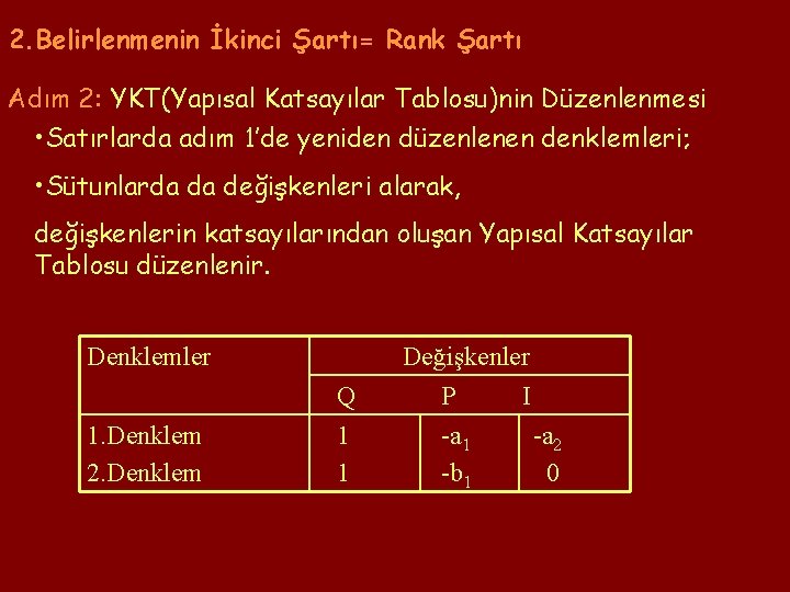 2. Belirlenmenin İkinci Şartı= Rank Şartı Adım 2: YKT(Yapısal Katsayılar Tablosu)nin Düzenlenmesi • Satırlarda